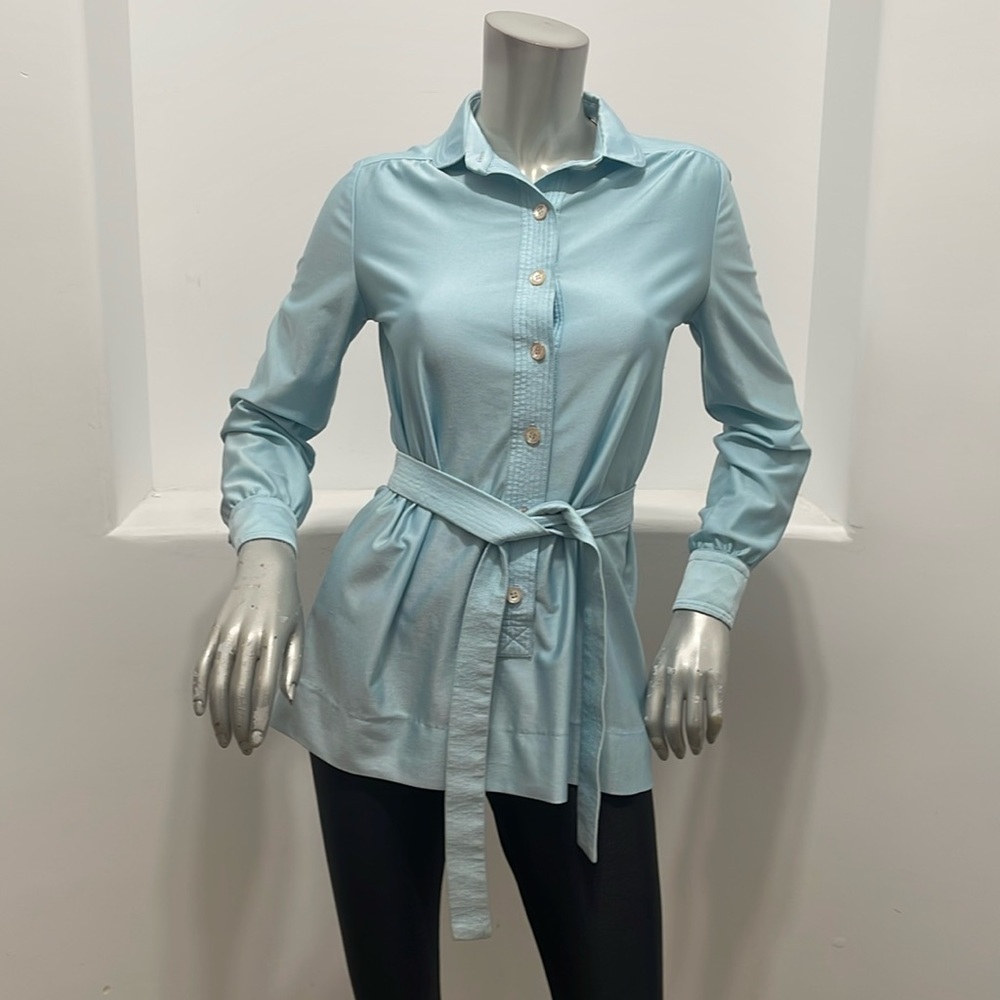 Women’s Light Blue Button-Down Shirt with Waist Tie, vintage